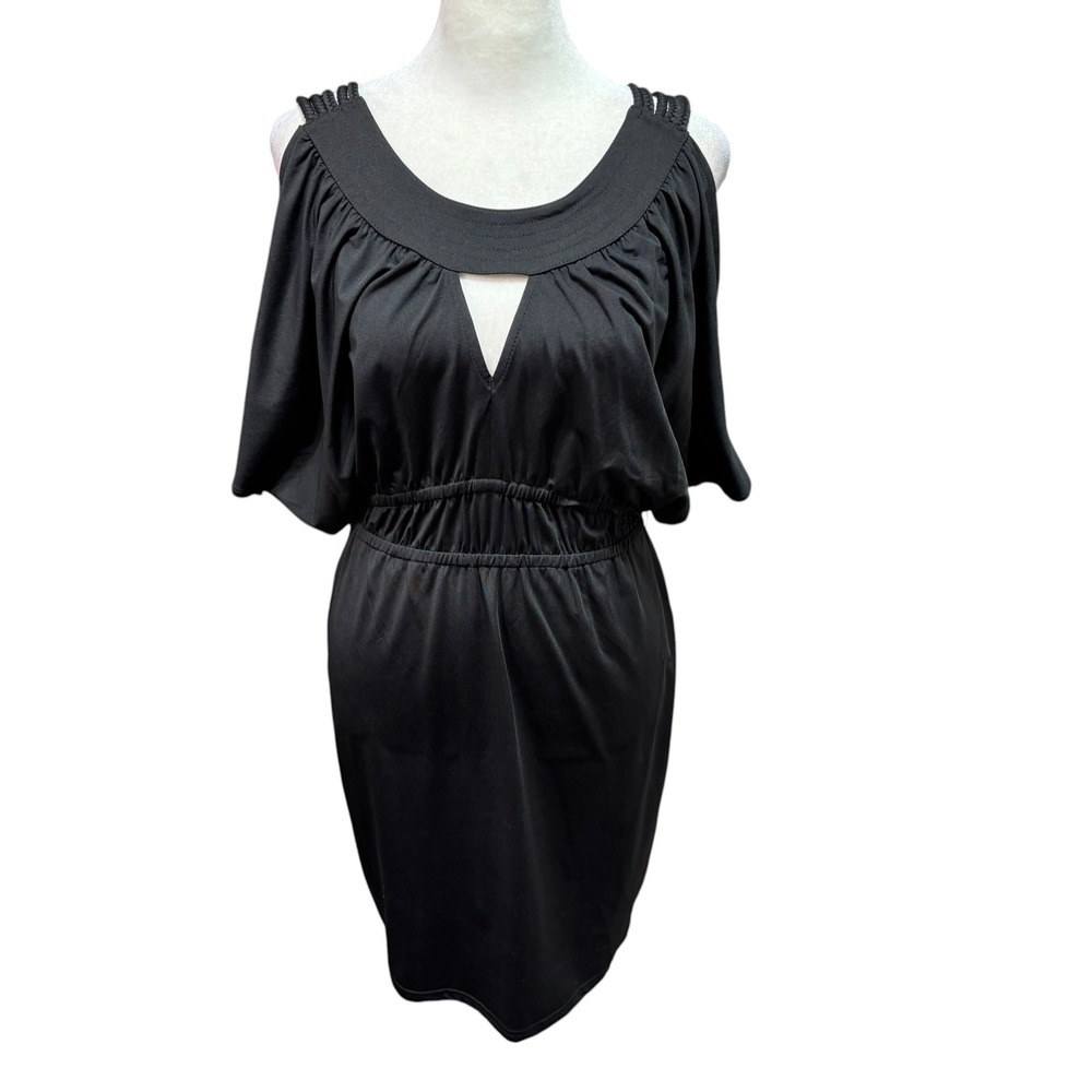 Black Cold Shoulder Braided Strap Dress Cinched Waist Batwing Sleeve Mini #983